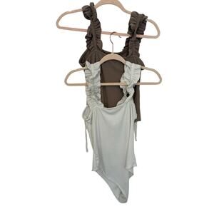 Entro White and Tan Bundle Ribbed Ruffled Tank Sleeveless Bodysuit Casual Basic